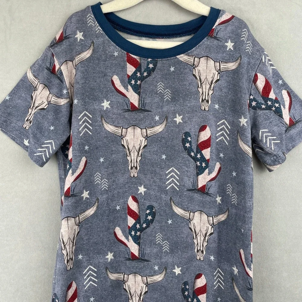 Fletch Kid Western Patriotic Soft Bamboo Pajama Top Steer Skull Cactus Blue 7-8Y